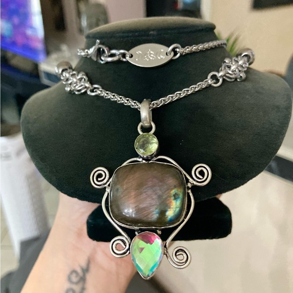 Flash iridescent grey green labradorite yellow citrine iridescent stone necklace - Picture 5 of 16